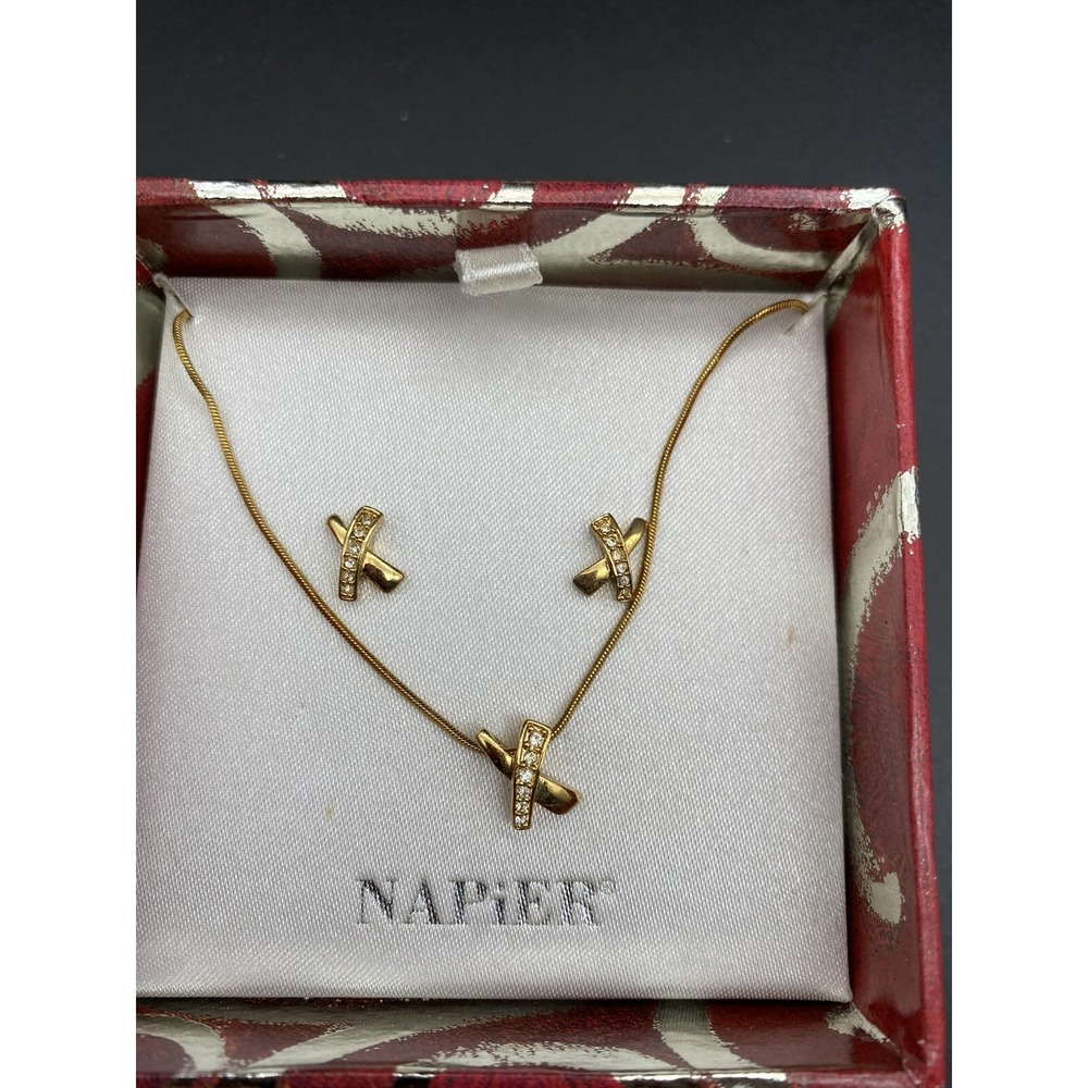 Napier Gold Tone Round Snake Chain Faux Diamond X KISS Necklace & Earring Set